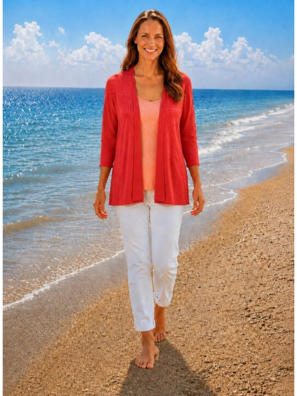 Eileen Fisher Red Open Front Linen Cardigan Sweater Lightweight 3/4 Sleeve Women